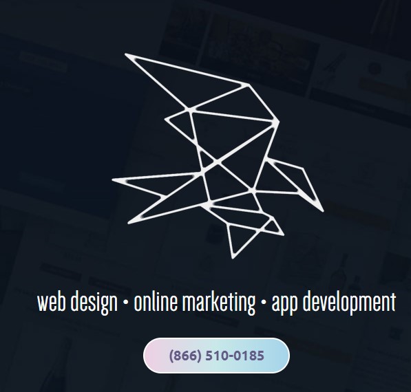 Graphic of Falcon with words " Web-design, online marketing, app development. Phone number (866) 510-0185